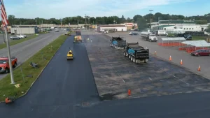 Drone footage of J. Hunziker Asphalt Paving crew during large commercial asphalt installation project